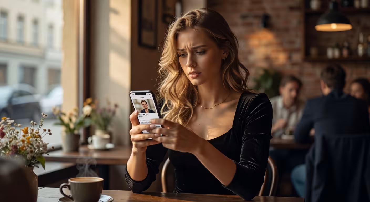 Mladá žena prohlíží profily na datovací aplikaci v kavárně