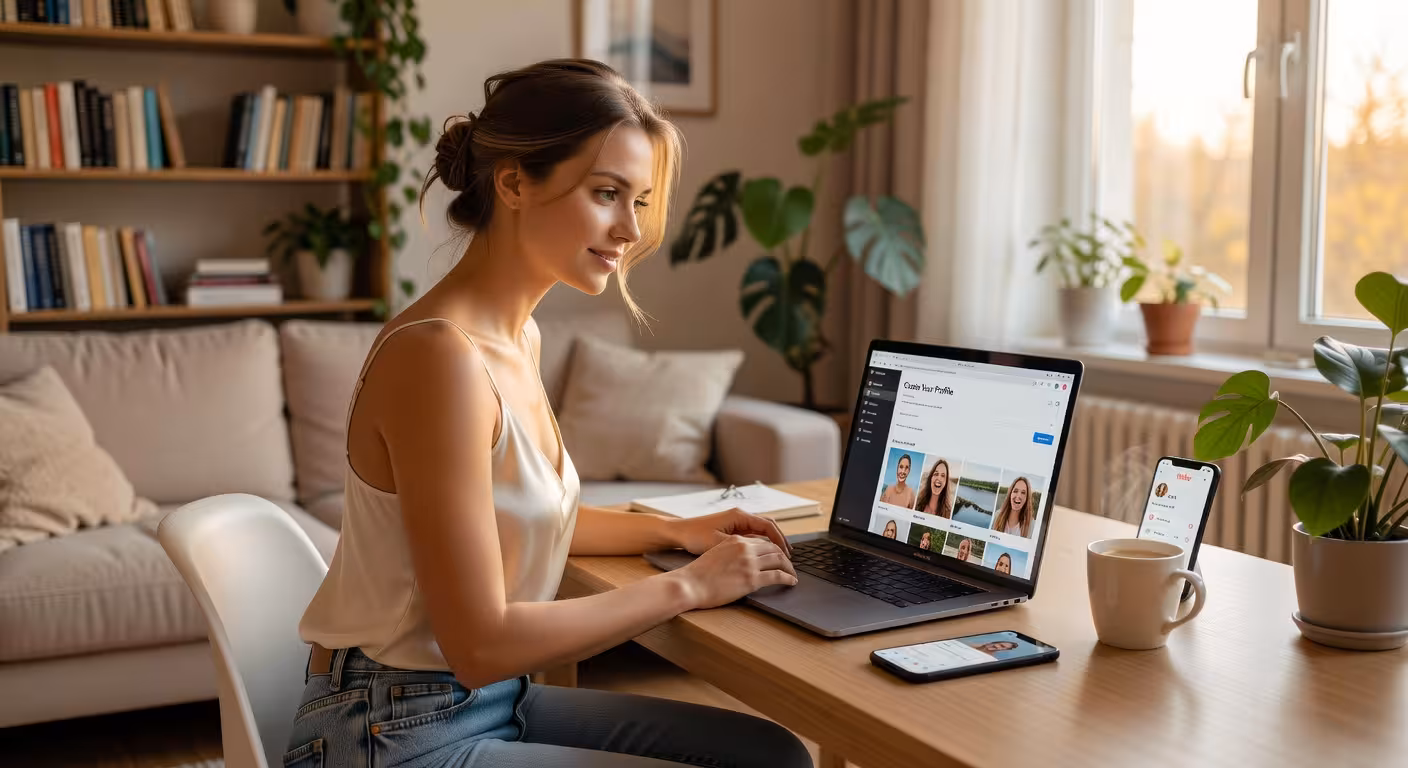 Mladá žena vytváří profil na platformě pro sugar dating