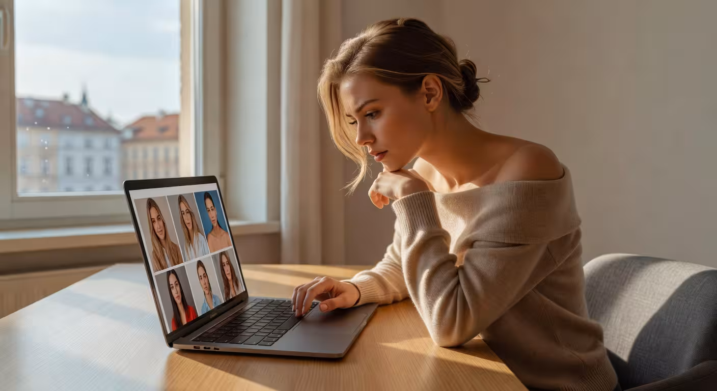Žena vybírá fotky pro svůj profil na notebooku