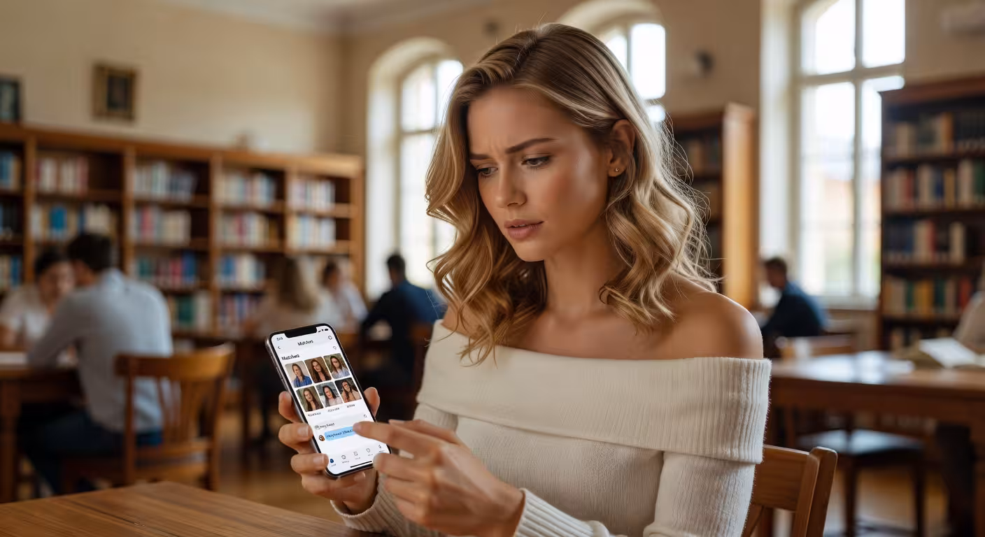 Studentka prohlíží profily na aplikaci pro sugar dating