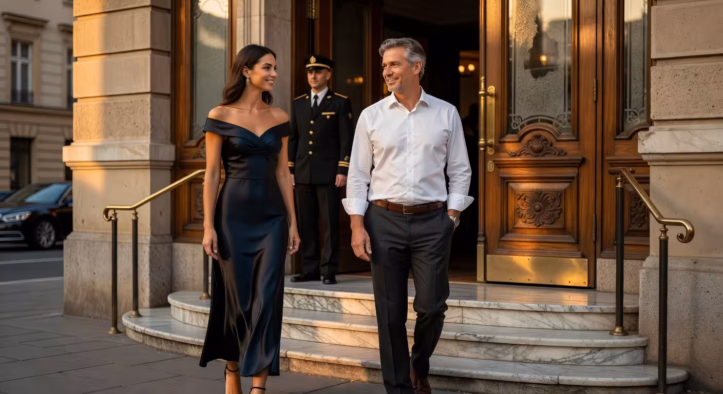 Žena a muž přicházejí na první schůzku do elegantní restaurace