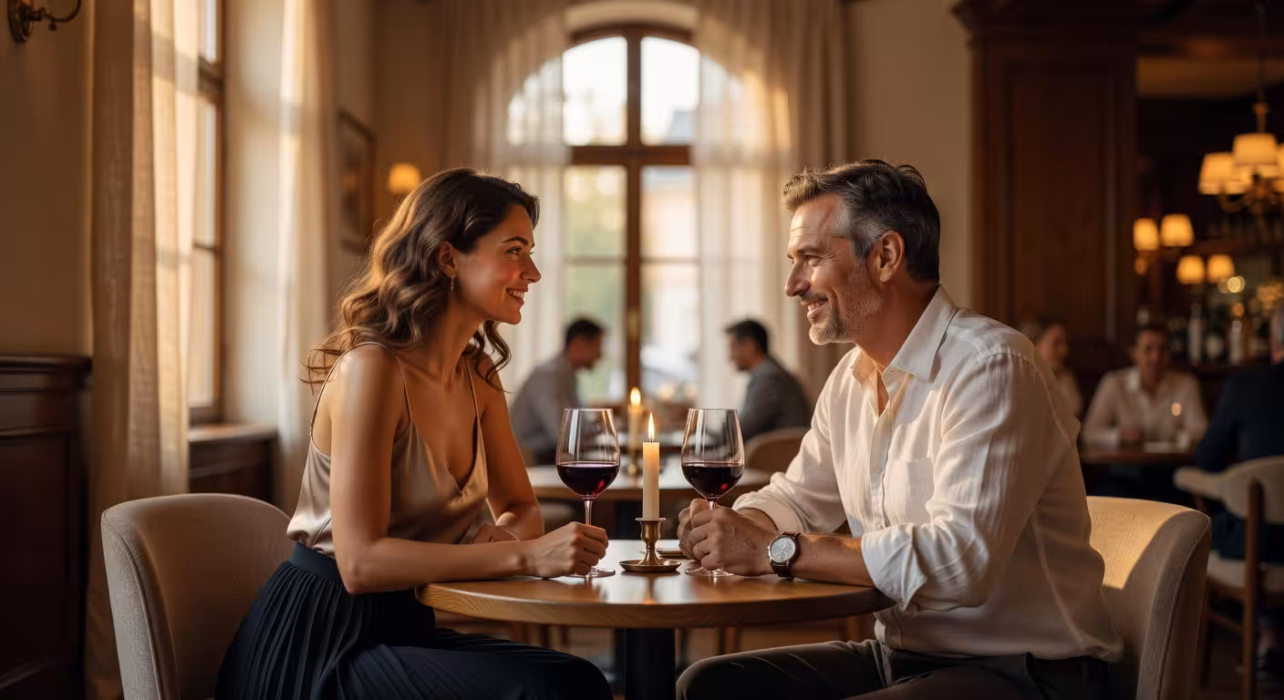 Pár vede intimní konverzaci v elegantní brněnské restauraci