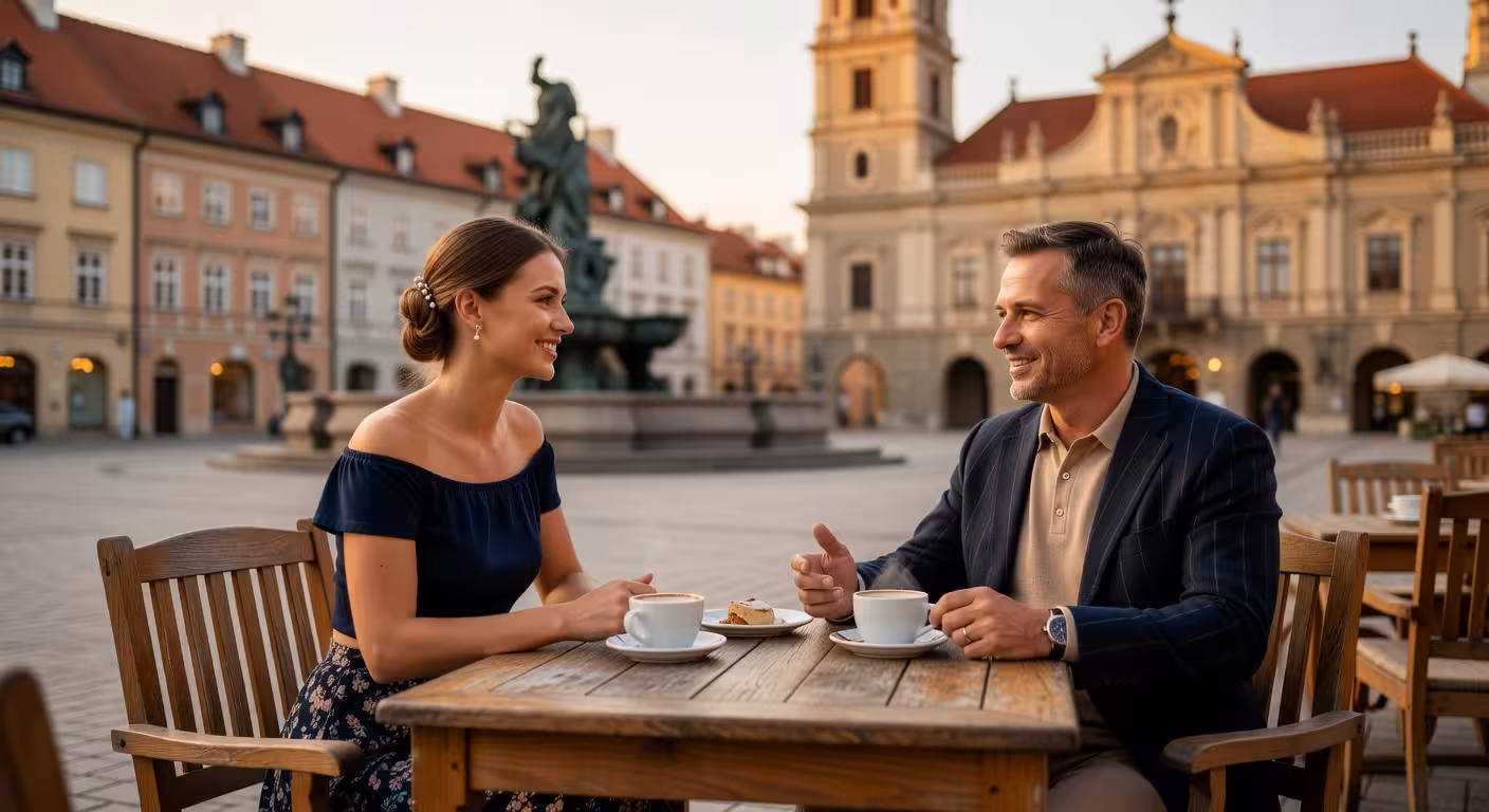 Setkání na terase kavárny na náměstí v Českých Budějovicích