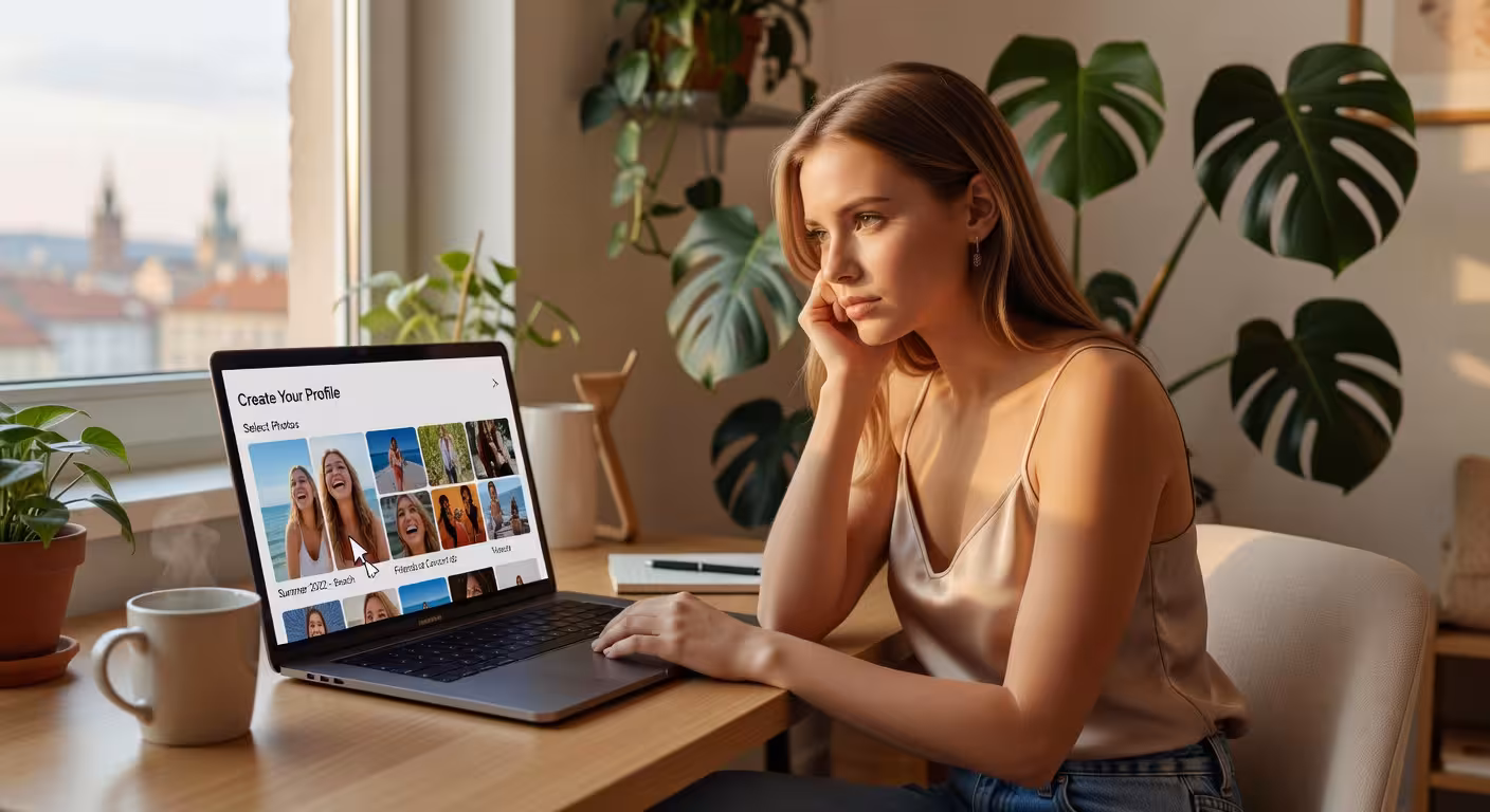 Mladá žena vytváří profil na specializované platformě pro sugar dating