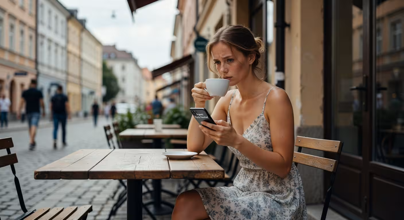 Sugar baby čte zprávu a rozhoduje se o dalším kroku
