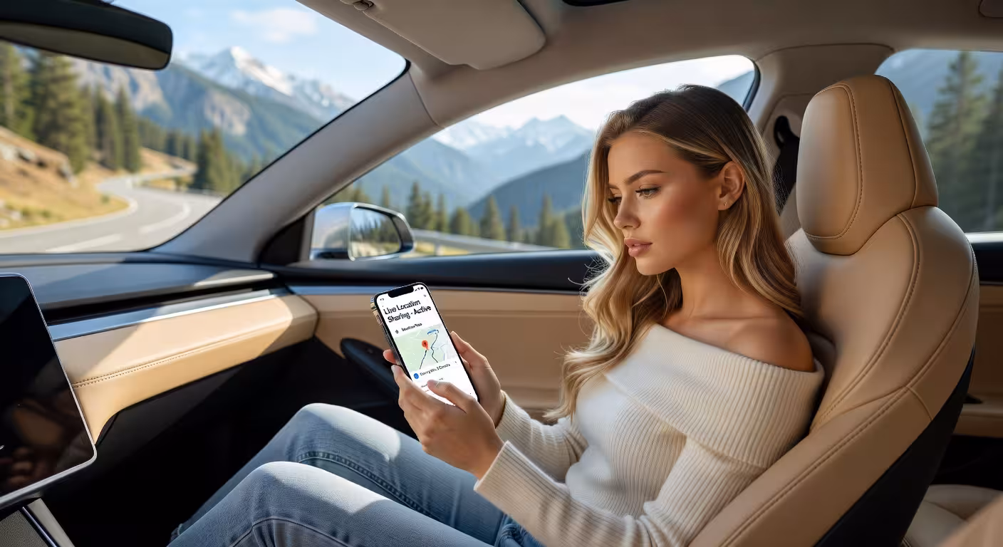 Mladá žena v autě sdílející svou polohu přes mobilní aplikaci